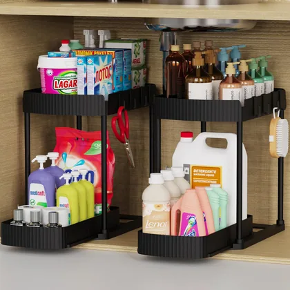 2 Pack Two-Tier Under-Sink Pull-Out Organizer, 14.8 in tall, Black