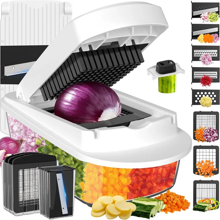 An eight-blade chopper with an onion on the plate and the catching container below